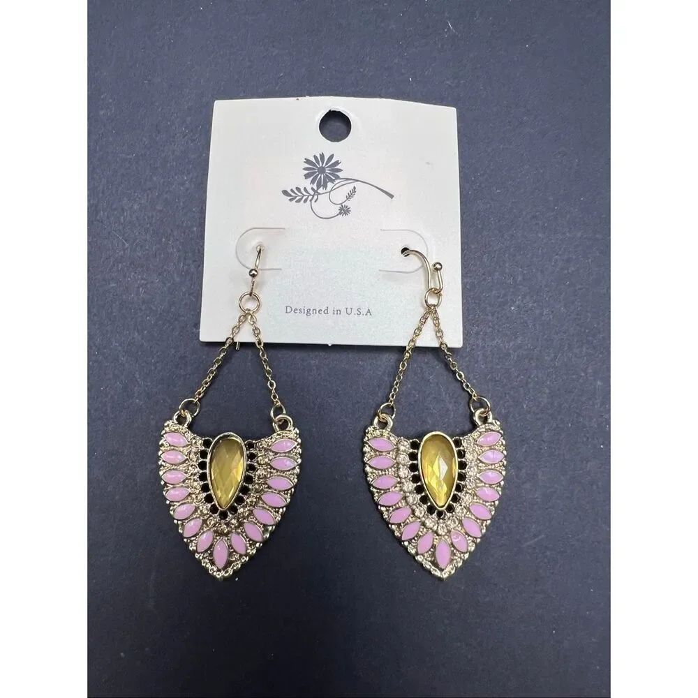 New! Gold Tone Chandelier Fan Shape Lavender Pink Rhinestone Drop Earrings